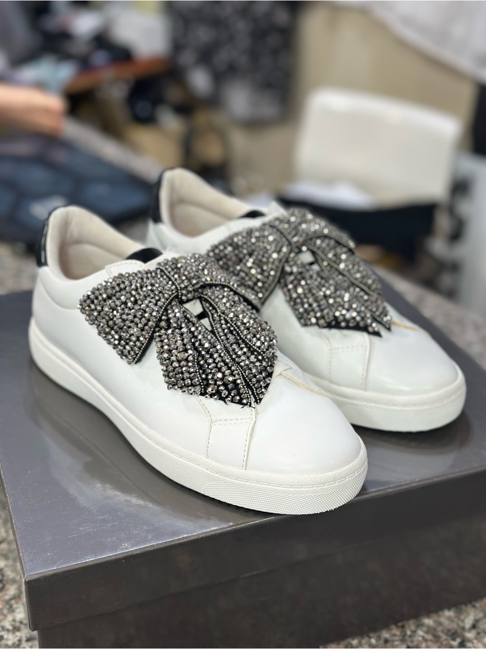 INC International Concepts White Leather Sneakers with Gunmetal Crystal Bow